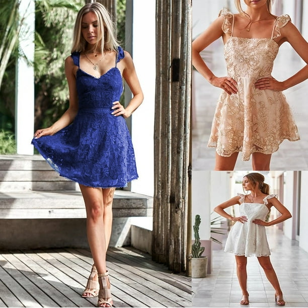 Cismea Mini Vestido de Verano con Volantes Florales para Mujer sin Mangas con Lazo en El Hombro LiNea Acampanada Vestidos Cortos Vestidos de Playa Blanco Cismea falda Bodega Aurrera en linea