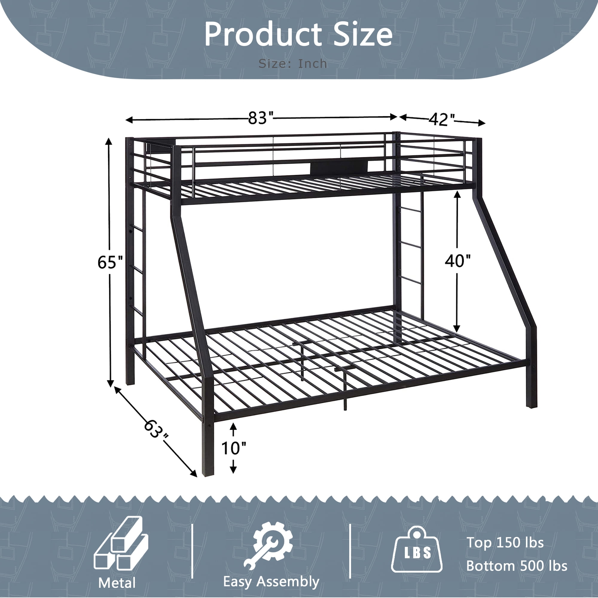 Bellemave Twin XL Over Queen Metal Bunk Bed - Heavy Duty Black Bunk Bed Frame For Adults & Kids, With 2 Ladders