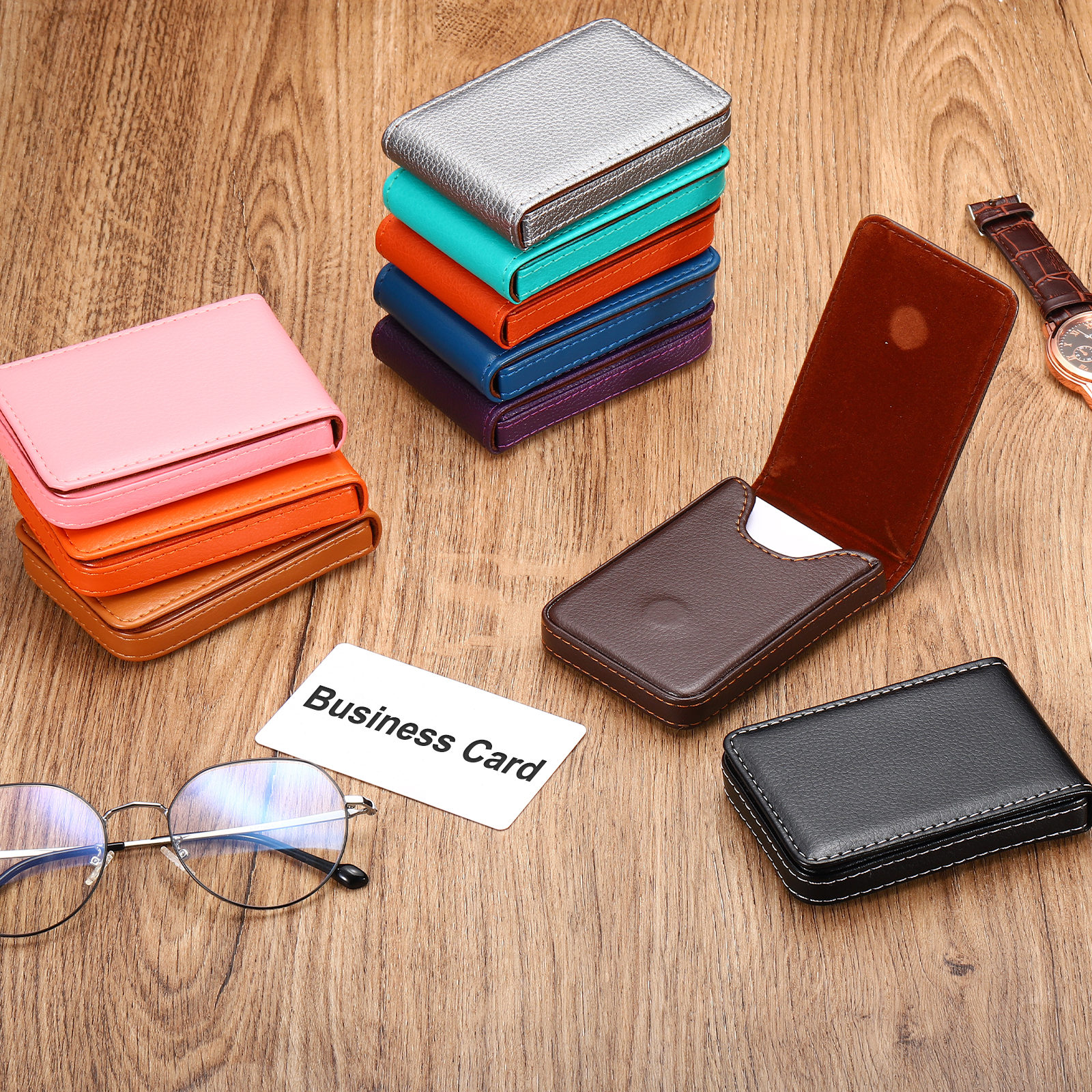 Unique Bargains PU Leather Business Card Holder Wallet with Magnetic Closure Orange