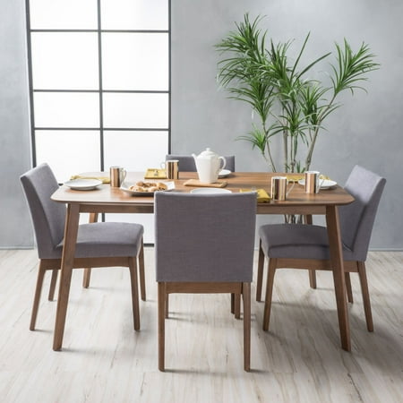 - Noble House Caruso Mid Century Modern 5 Piece Dining Set, Natural Walnut, Dark Grey