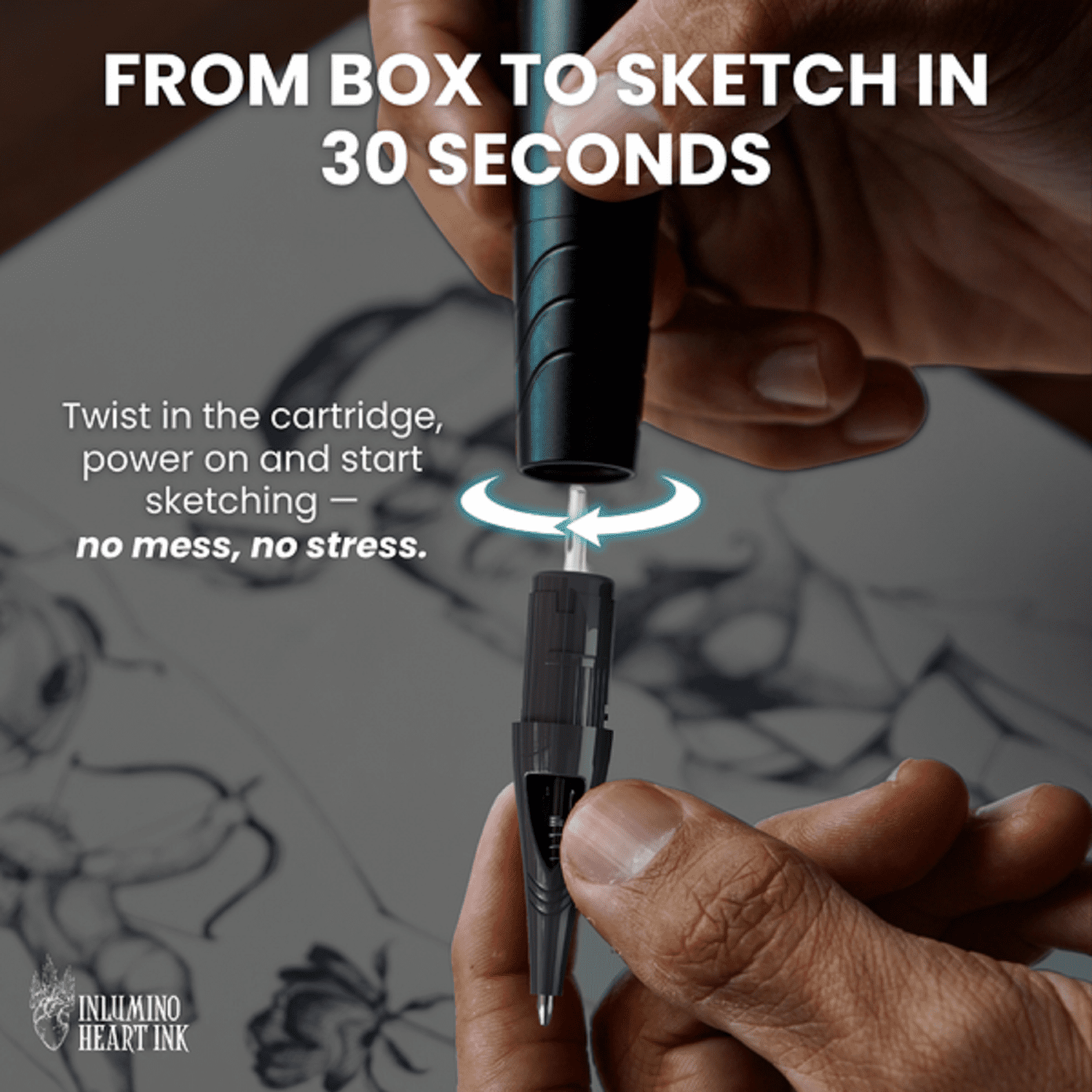Inlumino Heart Ink Tattoo Practice Pen – Wireless Rotary Dot Pen Machine with 8 Black Ballpoint Cartridges – Tattoo Training Tool