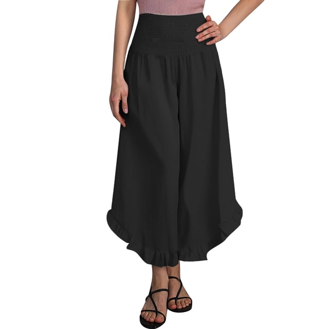 Pantalones anchos de lino para mujer - Pantalones palazzo de playa con cintura fruncida y dobladillo con volantes, con bolsillos, para uso informal, viajes, vacaciones y trabajo