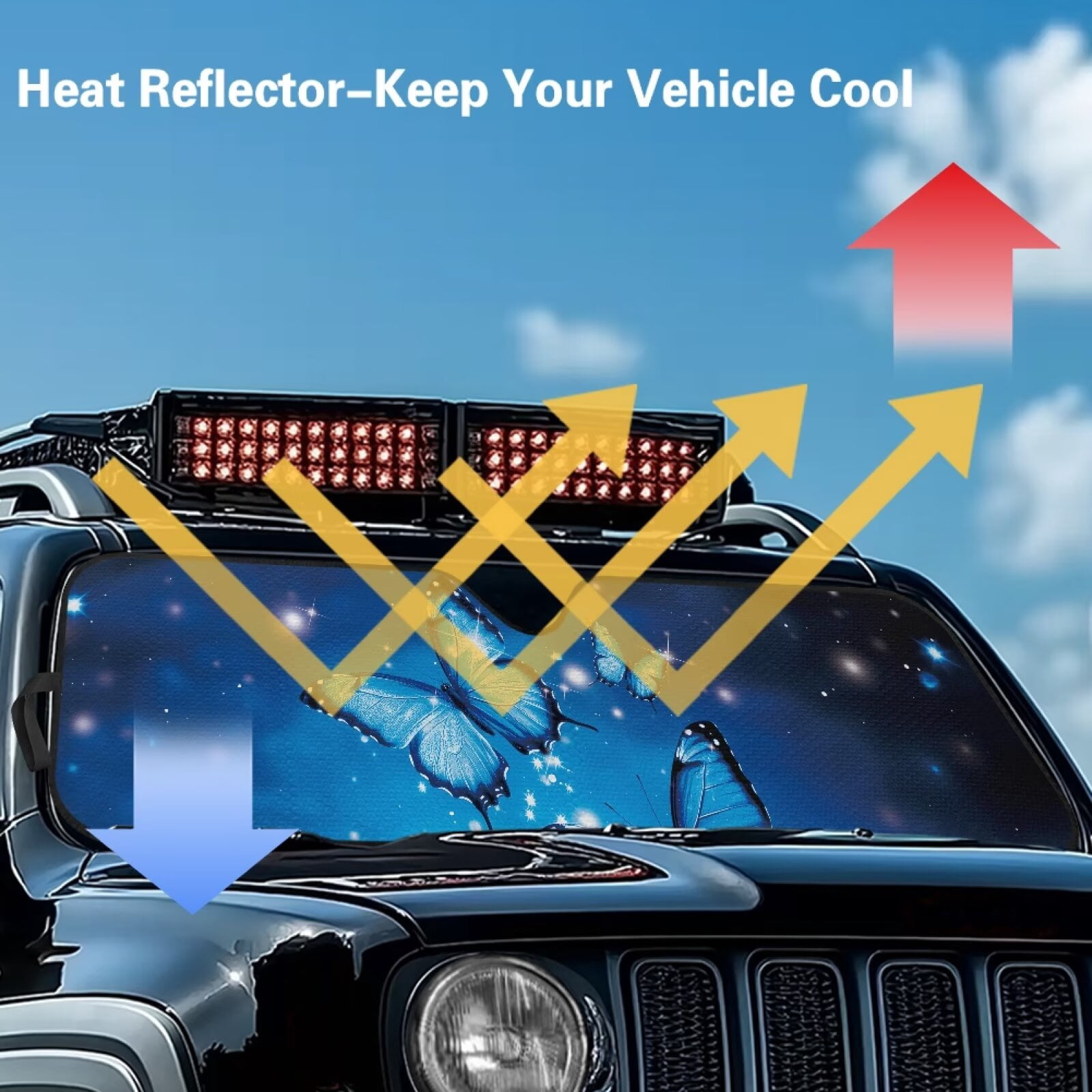 HUIACONG Blue Butterfly Sunshade Windshield Car Sun Shade Heat Shield Sunshade Sun Visor Mat for 1997-2017 Jeep Wrangler Rubicon Sahara TJ JK JKU 2/4 Doors