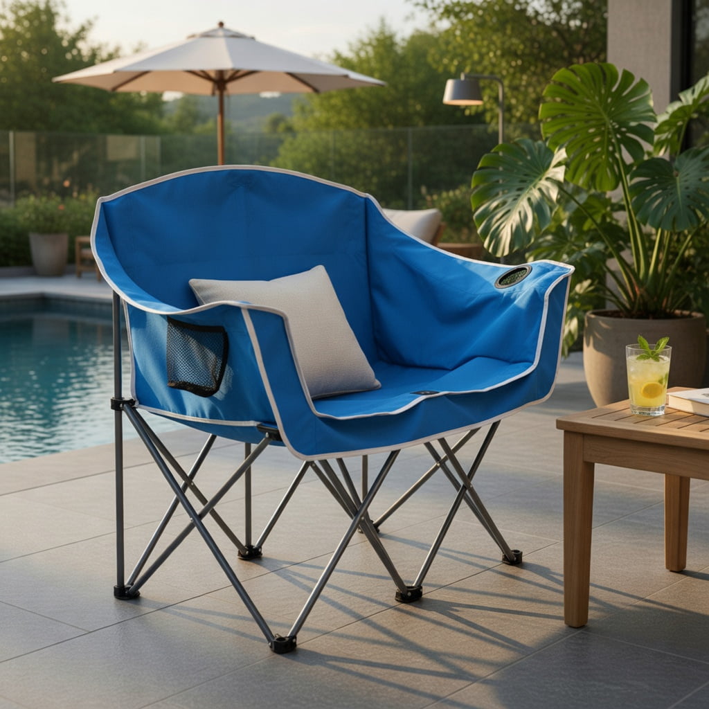 Hommoo Duo Portable Oversized Camping Loveseat Chair with Armrests, Dual Mesh Cup Holders & Heavy-Duty Steel Frame, Blue