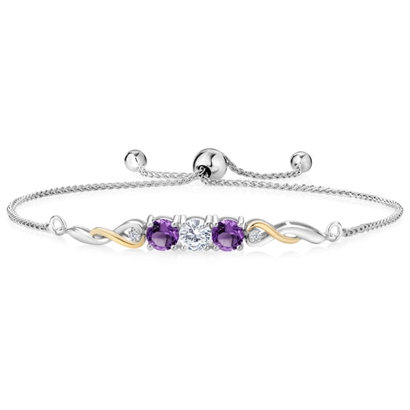 925 Sterling Silver and 10K Yellow Gold White Moissanite Purple Amethyst and White Lab Grown Diamond Tennis Bracelet for Women (1.47 Cttw, Gemstone Birthstone, Fully Adjustable up to 9 inch)