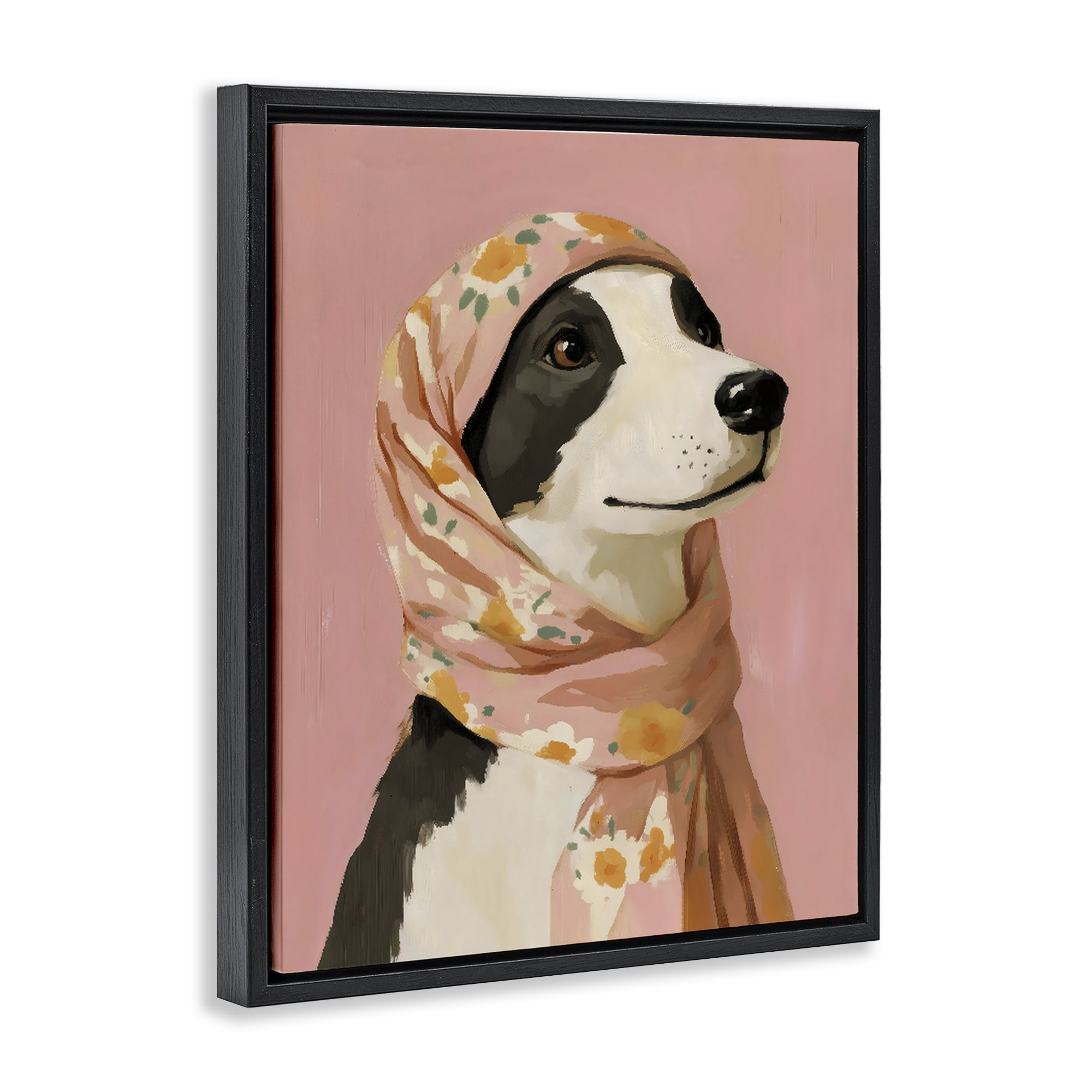Stupell Industries Dog Babushka in Floral Scarf Black Framed Floater Canvas Wall Art, design by The Prints Vibe