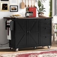 thumbnail image 2 of Farmhouse Kitchen Island with Barn Door & Adjustable Shelf, Kitchen Storage Cart with Drop Leaf, Spice Rack & Power Outlet, 2 of 13