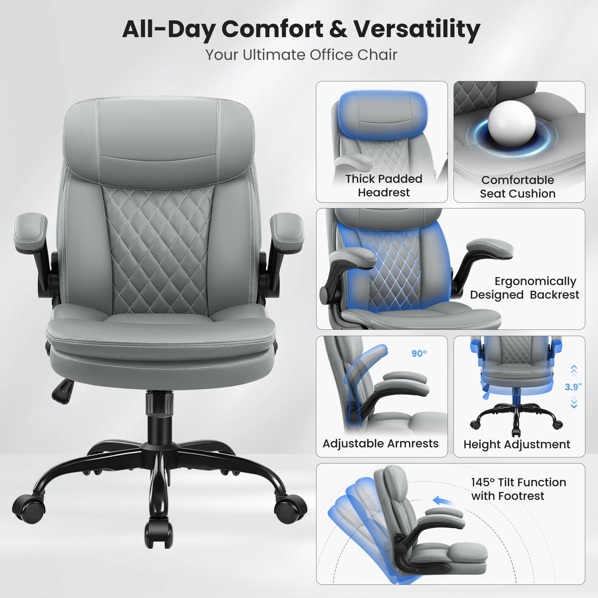 COOLHUT 400LBS Big and Tall Office Chair, Executive PU Leather Desk Chair Thick Seat Cushion and Neckrest, Support 8 Hours Heavy Duty Design, 8-Years Warranty, Gray