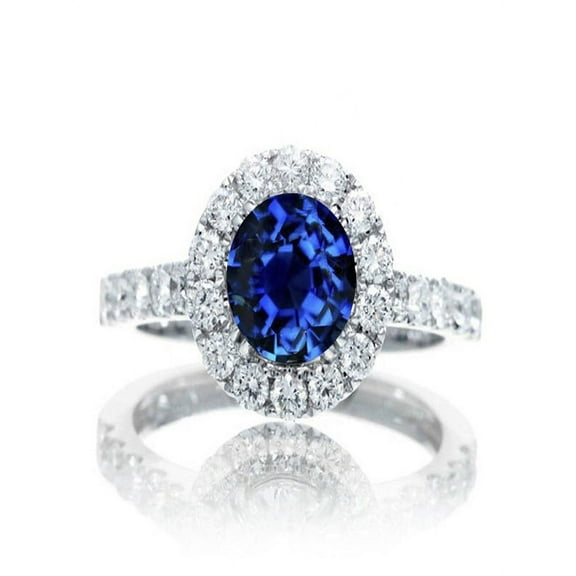 1.5 Carat Round Classic Halo Sapphire and Diamond Engagment ring on 10k White Gold
