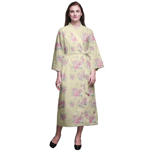 Bimba China Ivory Floral Rose & Ranunculus Long Robes For Women Printed Bride Getting Ready Bridesmaid Robes Cotton Bathrobes XL