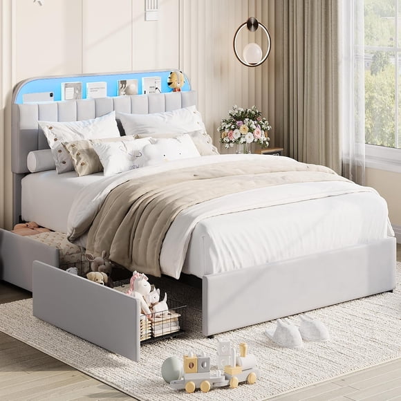 IdealHouse Queen Size Velvet Upholstered Platform Bed Frame, Storage Headboard 2 Drawers LED Lights, No Box Spring Needed Easy Assembly Gray