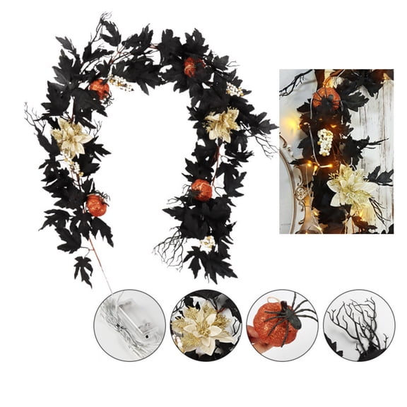 Halloween Artificial Maple Leaf Pumpkin Vine with LED Lights 67-71 Inch Lighted Fall Foliage Garland for Home Halloween Holiday Party Decor