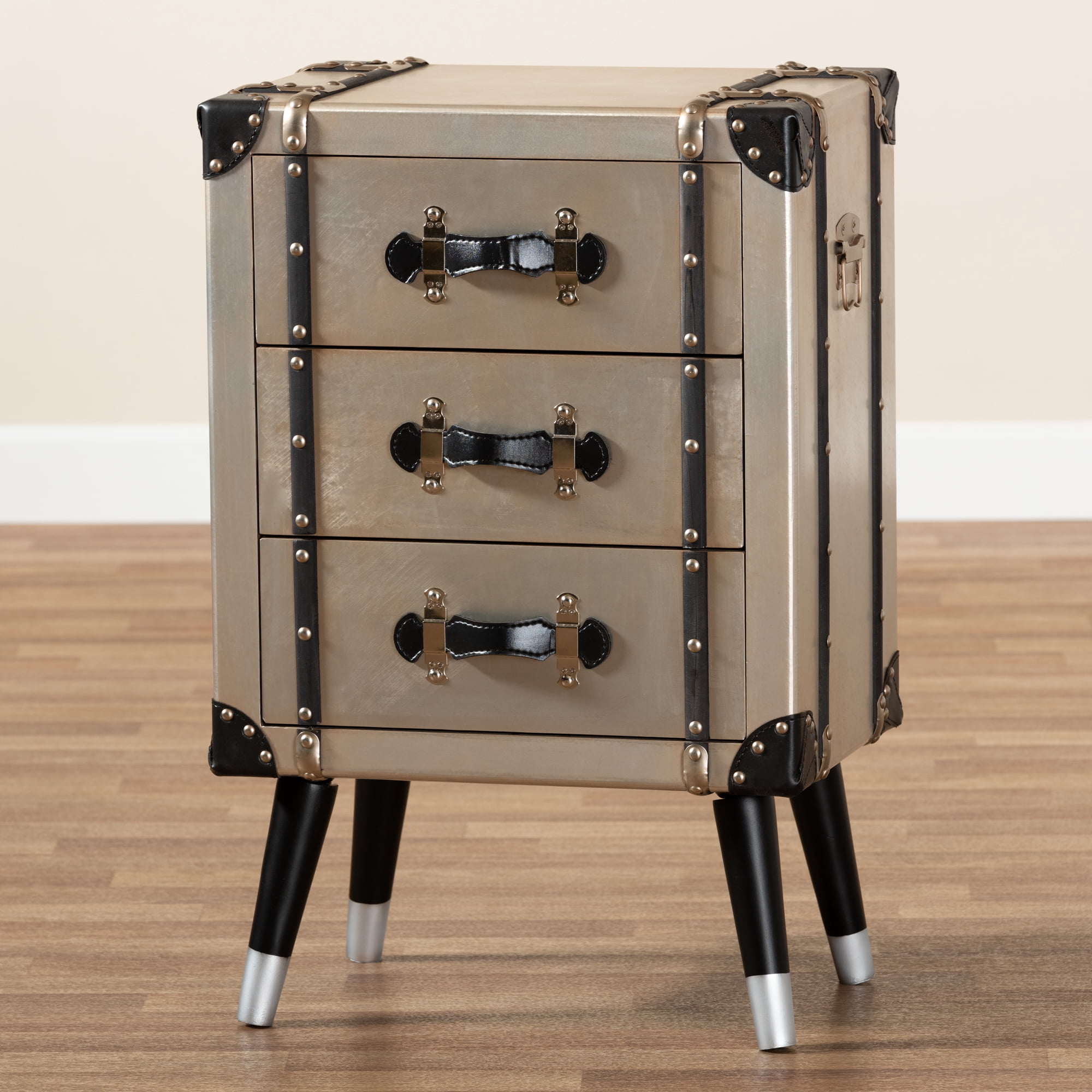 Baxton Studio Dilan Vintage Industrial Antique Silver Finished Metal Trunk Inspired 3-Drawer End Table