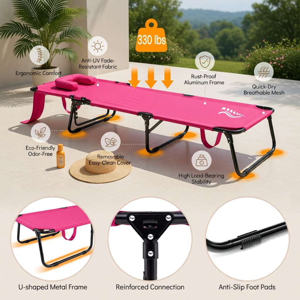 Hommoo Portable Folding Face-Down Tanning Chair with Adjustable Backrest, 3 Removable Zippered Pillows & Face Hole, Pink