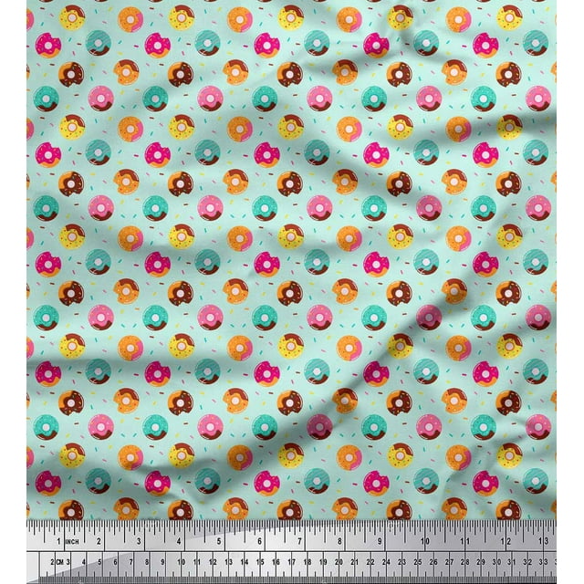 Soimoi Green polyester Crepe Fabric Donuts Food Print Sewing Fabric Yard 52 Inch Wide