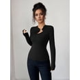 thumbnail image 6 of Women's Metal Ring Long Sleeve Asymmetrical Neck T Shirt Slim Fit Ruched Going Out Tops Black XXL, 6 of 9