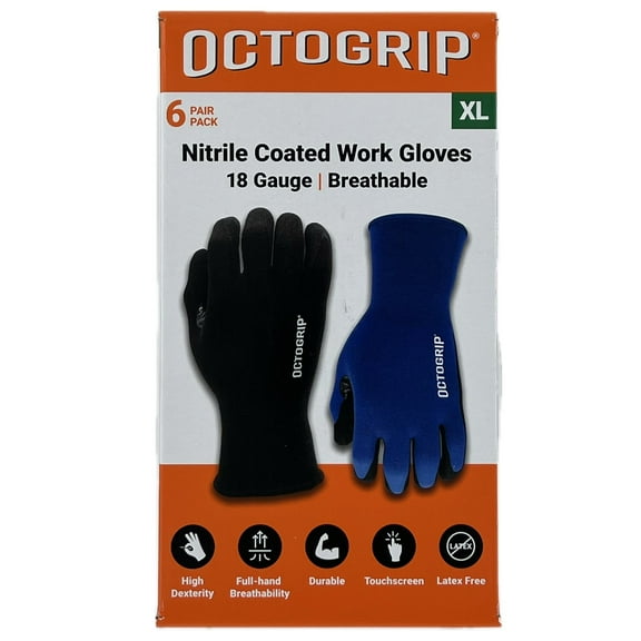 Octogrip Nitrile Coated Work Gloves, 6 Pairs (X-Large)
