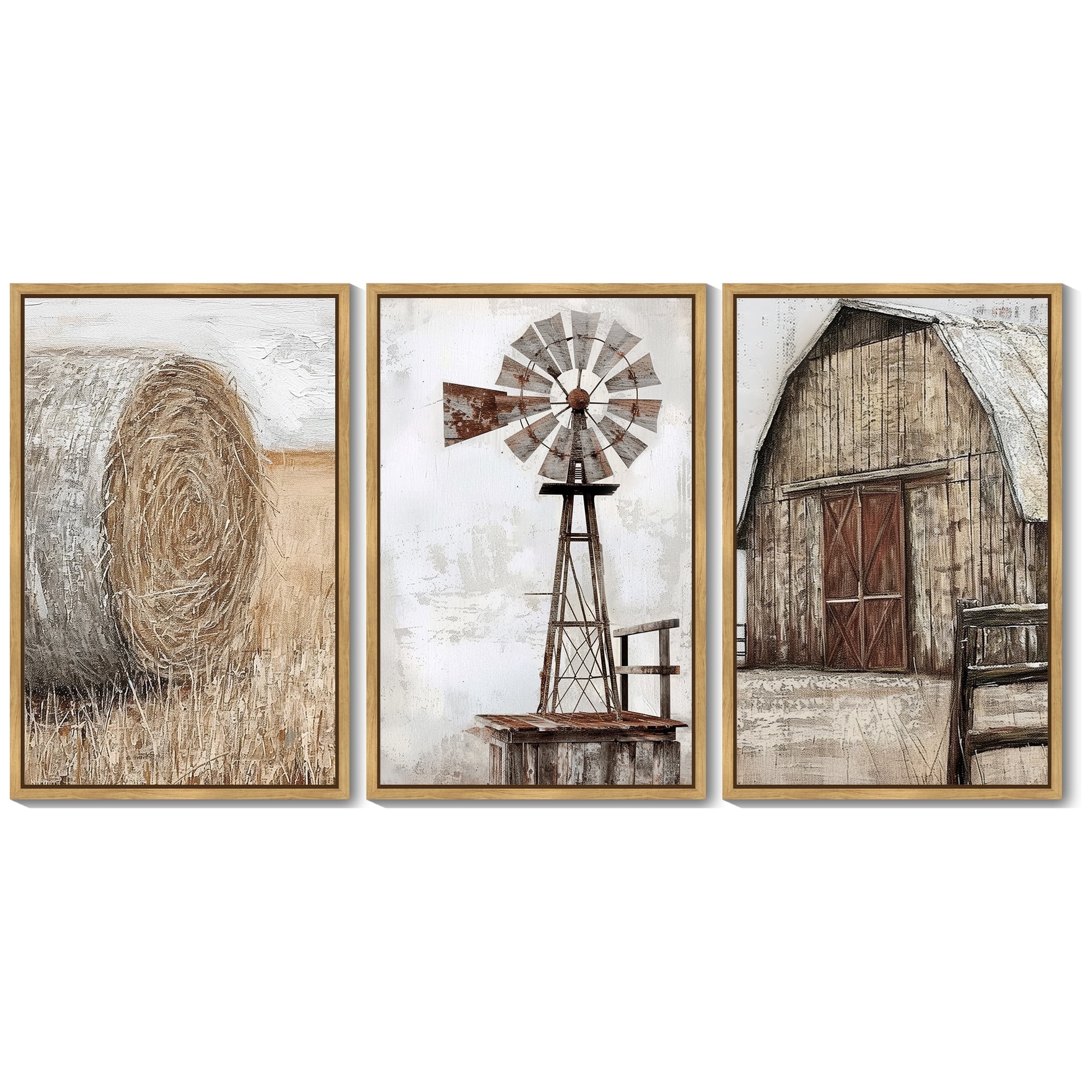 16x24in Natural Framed Farmhouse Wall Art Vintage Rustic Windmill Barn Cornfield Pictures Framed Painting Landscape Countryside Rural