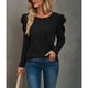 thumbnail image 2 of Mujeres puff manga Camisas color puro cuello redondo waffle knit Top elegante casual manga larga Camiseta, 2 of 8
