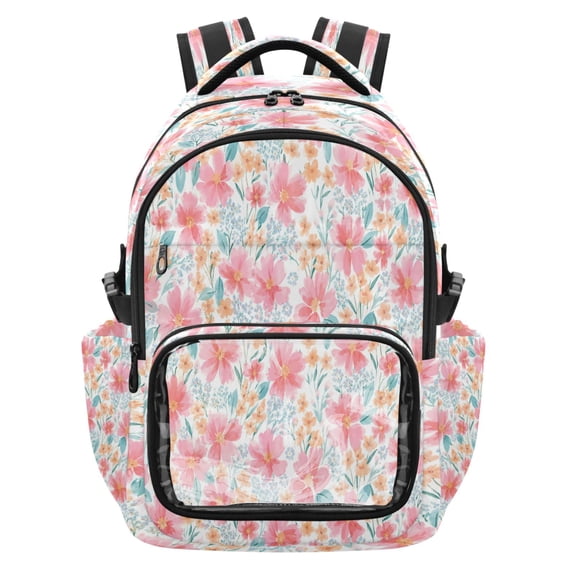 Qxltty Pink Orange Floral Backpack School Bookbag with Clear PVC Front Pocket, Laptop Compartment, Water Resistant Travel Daypack for Students