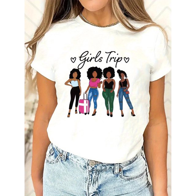 Grils Trip Graphic Solid T-Shirt, Crew Neck Short Sleeve Casual Top For Summer & Spring, Women's Clothing Tee For Adult, Men, Women, Teen, Teenager, Adolescent, Youth