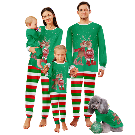 

FUNIER Family Christmas Pajamas Sets Reindeer Red Green White Stripe Printed Baby-Kids-Adult-Pet Size Top and Pants Bodysuits Unisex Pajamas Set