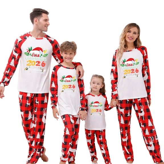 Yievot Family Christmas Pajamas Matching Sets Printed Long Sleeve Shirts and Plaid Pants 2 Piece Festival Party Sleepwear