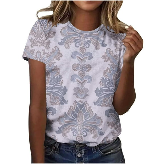 Jamicy Blouse for Women Gift for Mother Womens Dressy Tops Women's Fashion Casual Short Sleeve Flower Print Round Neck Pullover Top Blouse