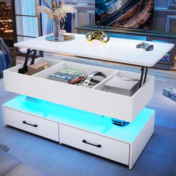SEDETA 40" Lift Top Coffee Table, Coffee Tables with Storage for Living Room, Small Coffee Table with 2 Drawers & LED Light for Dining Reception Room, White
