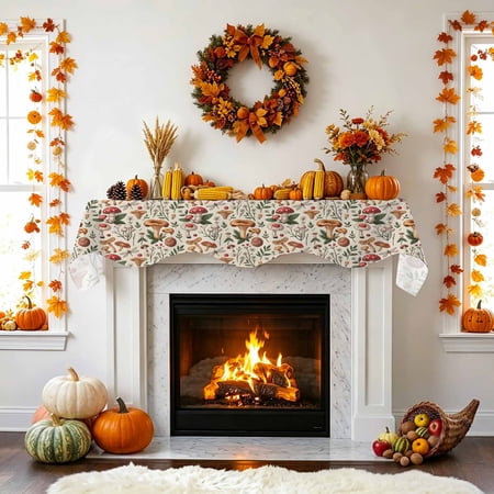 Fall Mushroom Fireplace Mantel Scarf Thanksgiving Leaf Mantel Scarf Scarves Fireplace Top Runner Cover for Holiday Party Home Decorations 70x17in