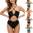 thumbnail image 4 of WREESH Womens One Piece Swimsuits 2025 Spring Fashion Solid Color Hollow Sleeveless Bandeau Halter Swimsuit Bathing Suits Green, 4 of 5