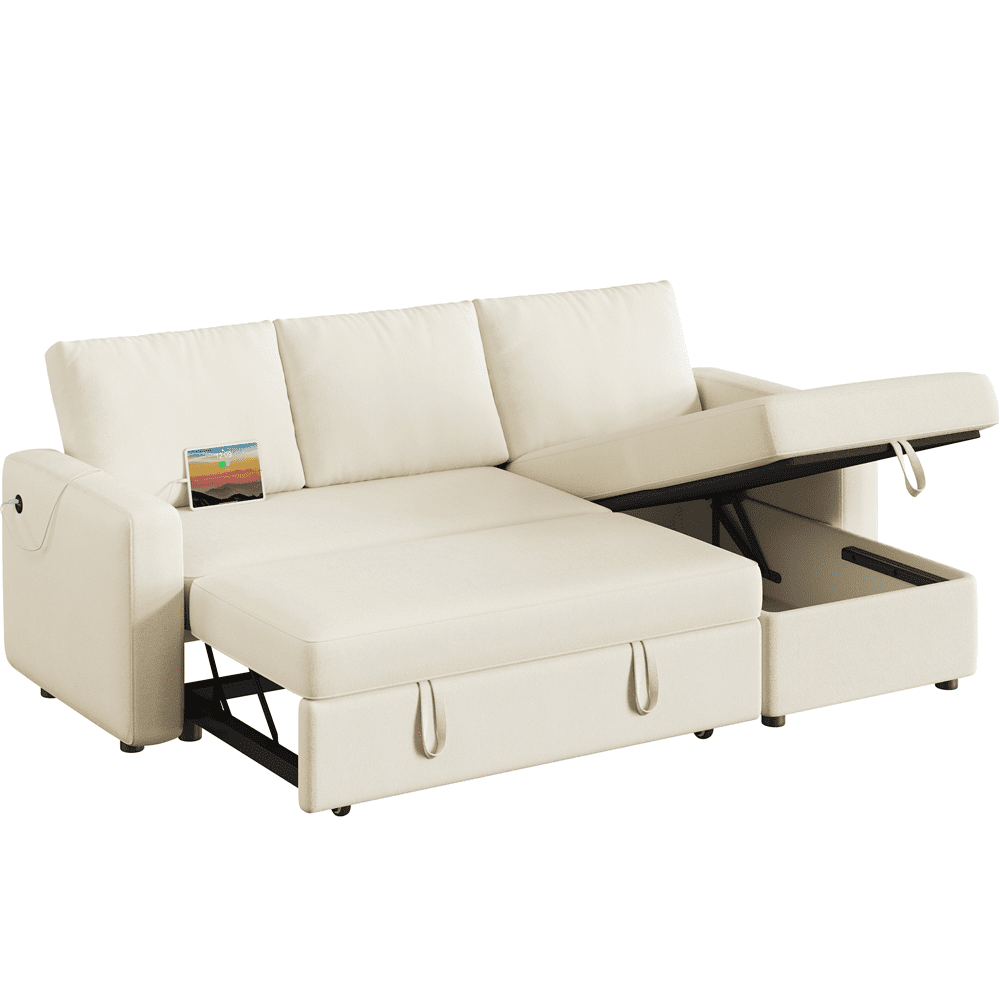 Alden Design Convertible Sectional Sofa with Storage Compartment & USB Ports, Beige