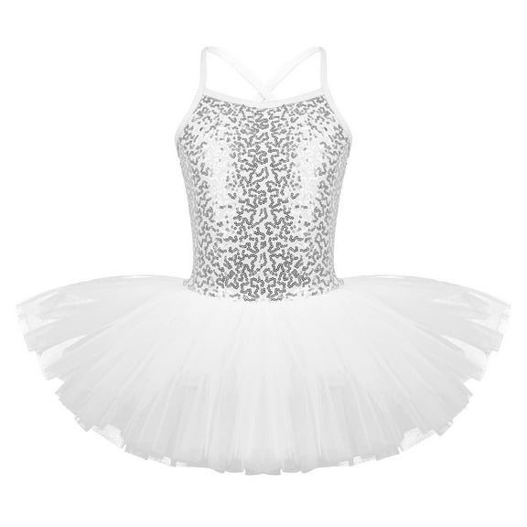 YONGHS Girls Kids Sequined Ballet Tutu Dress Gymnastic Sleeveless Skirted Leotard Dancewear White 11-12