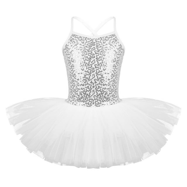 renvena Camisole à Paillettes pour Filles, Justaucorps de Ballet, Robe Tutu, Costumes de Danse Scintillants, Blanc 3TG