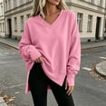 thumbnail image 4 of WIZUTIZ Women's V-Neck Side Slit Long Sleeve Sweatshirt Casual Fall Fashion Pullover Solid Color Polyester Blend Trendy Top, 4 of 7