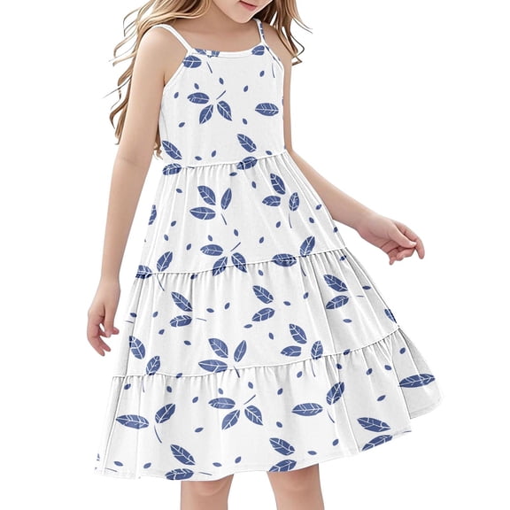 Zpanxa Girl Dress Girl's Boho Tiered Cami Dress Print Spaghetti Strap Sleeveless Casual Dresses Blue 13 Years
