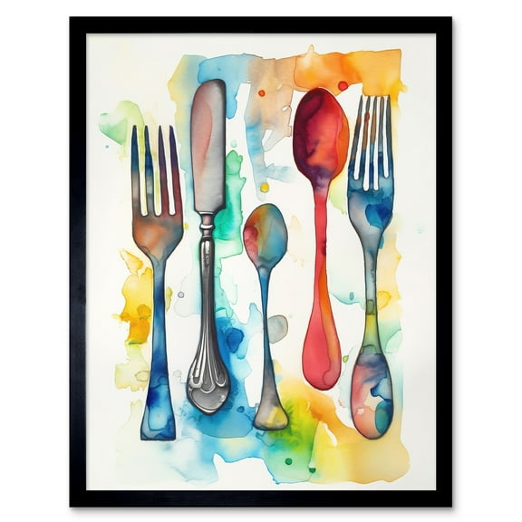 Cutlery Forks Spoons And Knife Watercolour Painting Art Print Framed Poster Wall Decor 12x16 inch