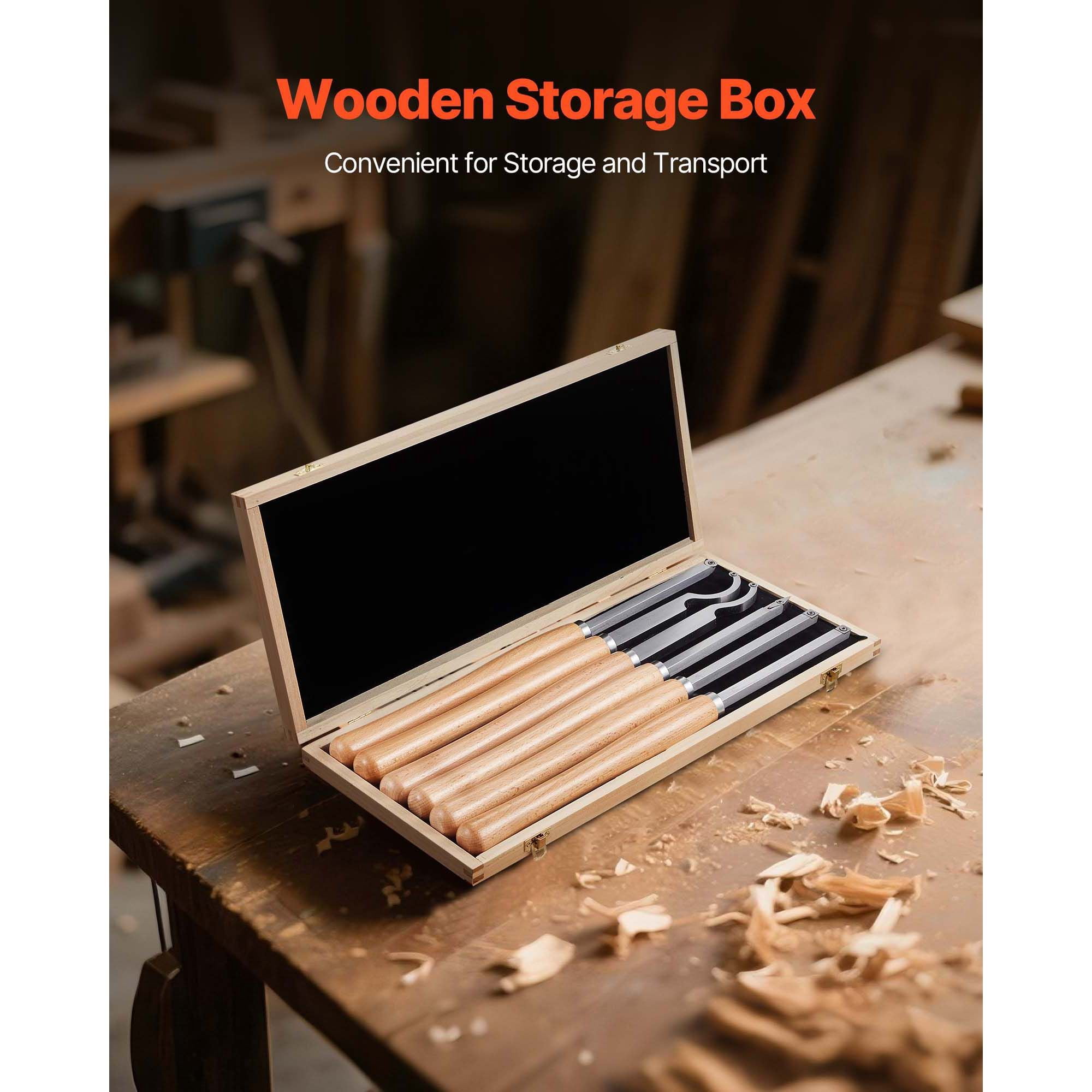 6-Piece Wood Lathe Turning Tool Set, Carbide Inserts with Diamond, Round & Square Blades, Wooden Handle, Wooden Box, for Beginners, Hobbyists & Professionals