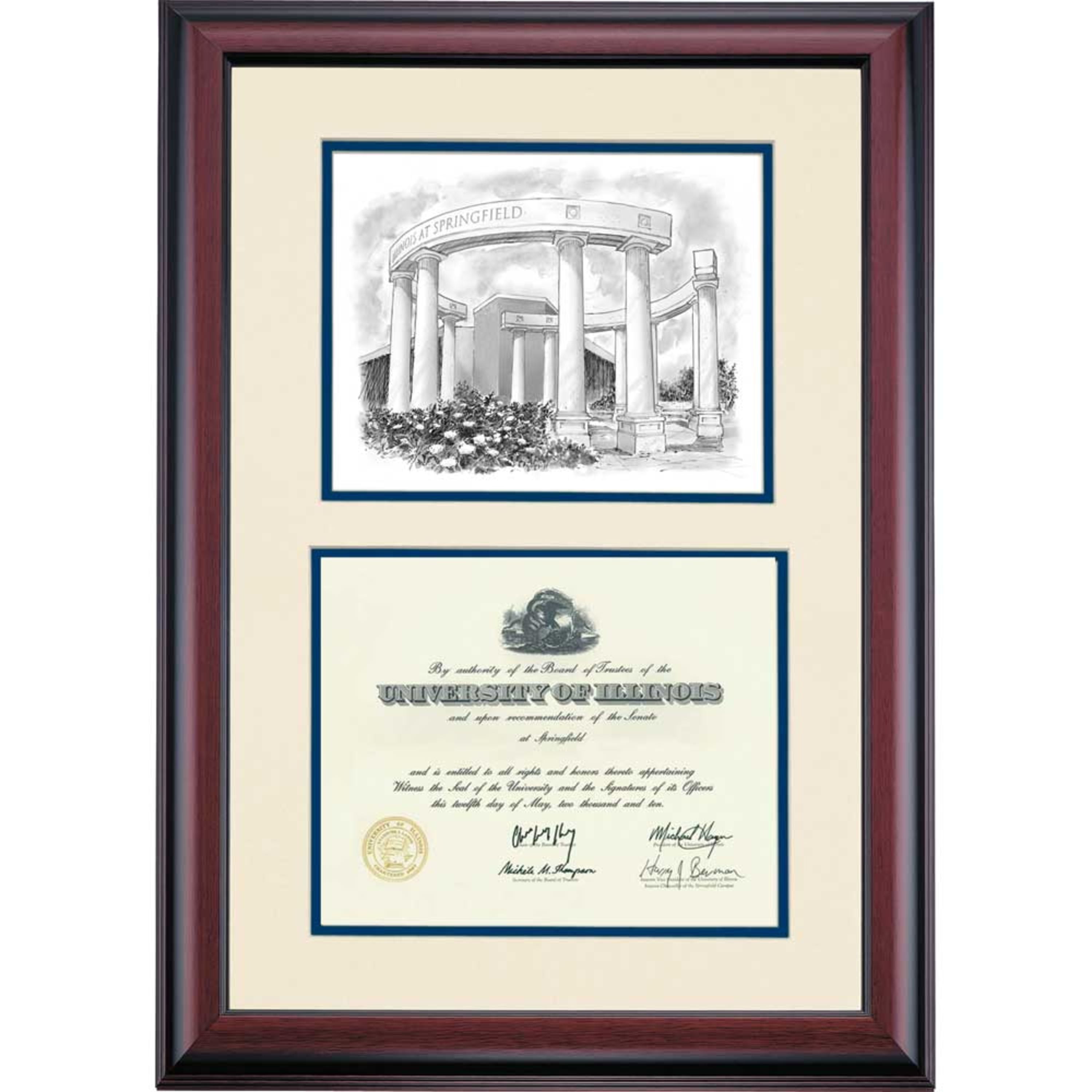 OCM Diploma Frame for University of Illinois Springfield UIS, Ivory/Navy Mat with Colonnade Pen