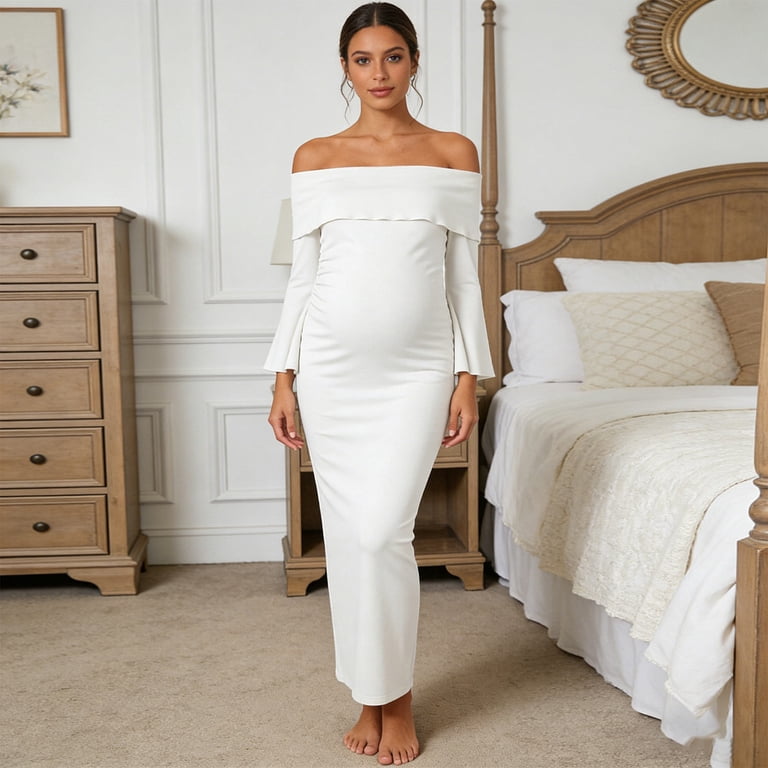 maternity off shoulder bodycon dress Gyujnb Maxi Flare Sleeve Side Cutout Ruched Waist Stretchy Pregnancy Party Formal Long Dress,XL Off shoulder edit: PF25 Holiday Windsor Aura Formal Velvet SELECT SIZE:3XL