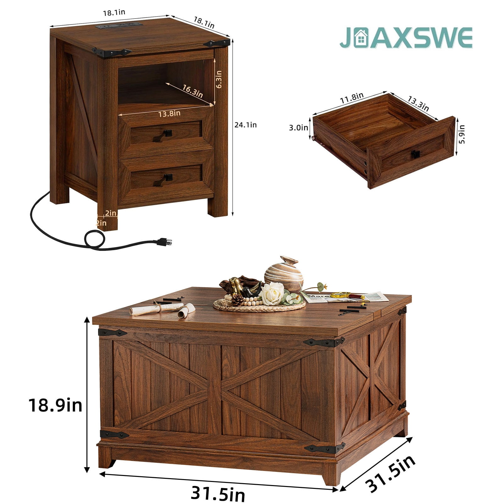 Farmhouse 3-Piece Living Room Set, Coffee Table with Hidden Storage Organizer & Nightstands with Charging Station, for Home, Office