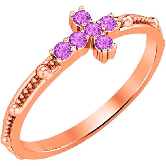 925 Sterling Silver Rose Gold Plated Amethyst Cross Ring - Women's Christmas Gift