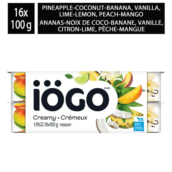 iÖGO Creamy Yogurt Pineapple-Coconut-Banana, Vanilla, Lemon-Lime and Peach-Mango 1.5%, 16 x 100 g