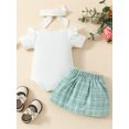 thumbnail image 3 of Infant Baby Girls 3 Piece Outfit Ruffles Short Sleeve Rompers and Plaid Print Button Skirt Headband Set, 3 of 8