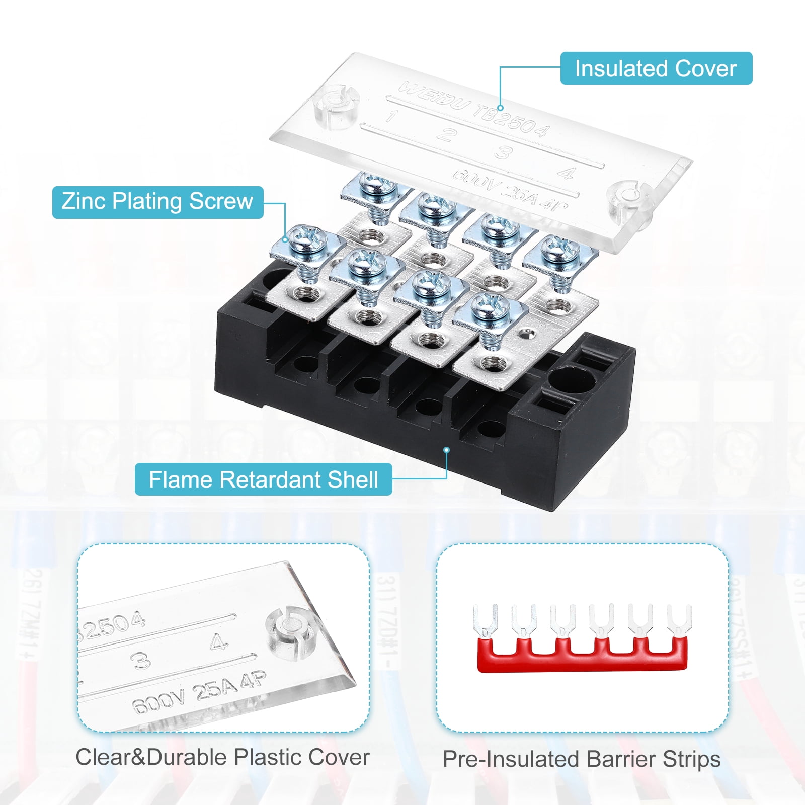 Uxcell 5 Pcs Dual Row Terminal Block, 600V 25A 6 Positions Screw Terminal Block with 10PCS Pre-Insulated Barrier Strips for Power System, Home Appliances