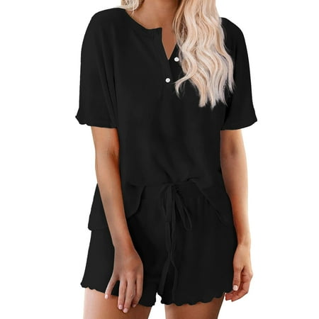 DondPO Womens Pajama Sets 2 Pack Womens Pajama Sets Short Sleeve Top With Shorts Soft Comfy Loungewear Sleepwear S XXL Silk Pajamas For Women Womens Loungewear Set Black M Clearance