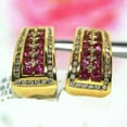 thumbnail image 2 of TAAPSEE JEWELS Gorgeous Red Lab Created Ruby 14K Yellow Gold Finish Silver Women's Halo Omega Back Earrings, 2 of 3