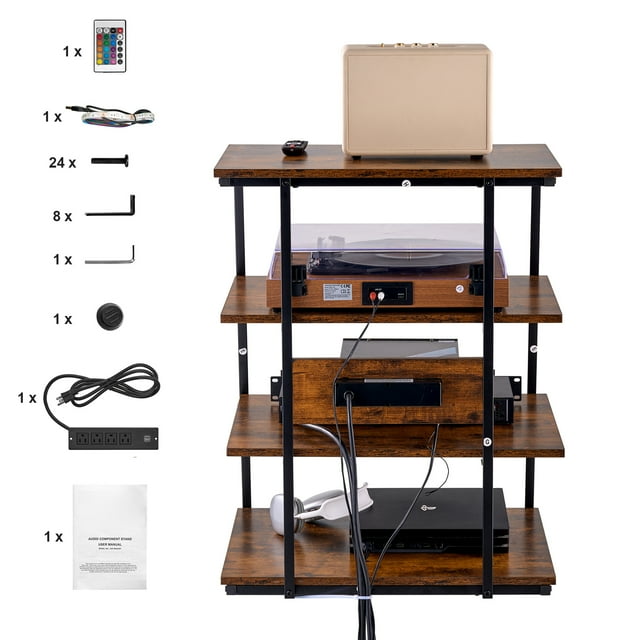 KFFKFF 4-Level Media Console with Integrated Power Outlets, Corner Entertainment Unit with LED Lighting, Adjustable Wood Shelving for DVDs/Cable Units/Gaming Systems, in a Rich Brown Finish