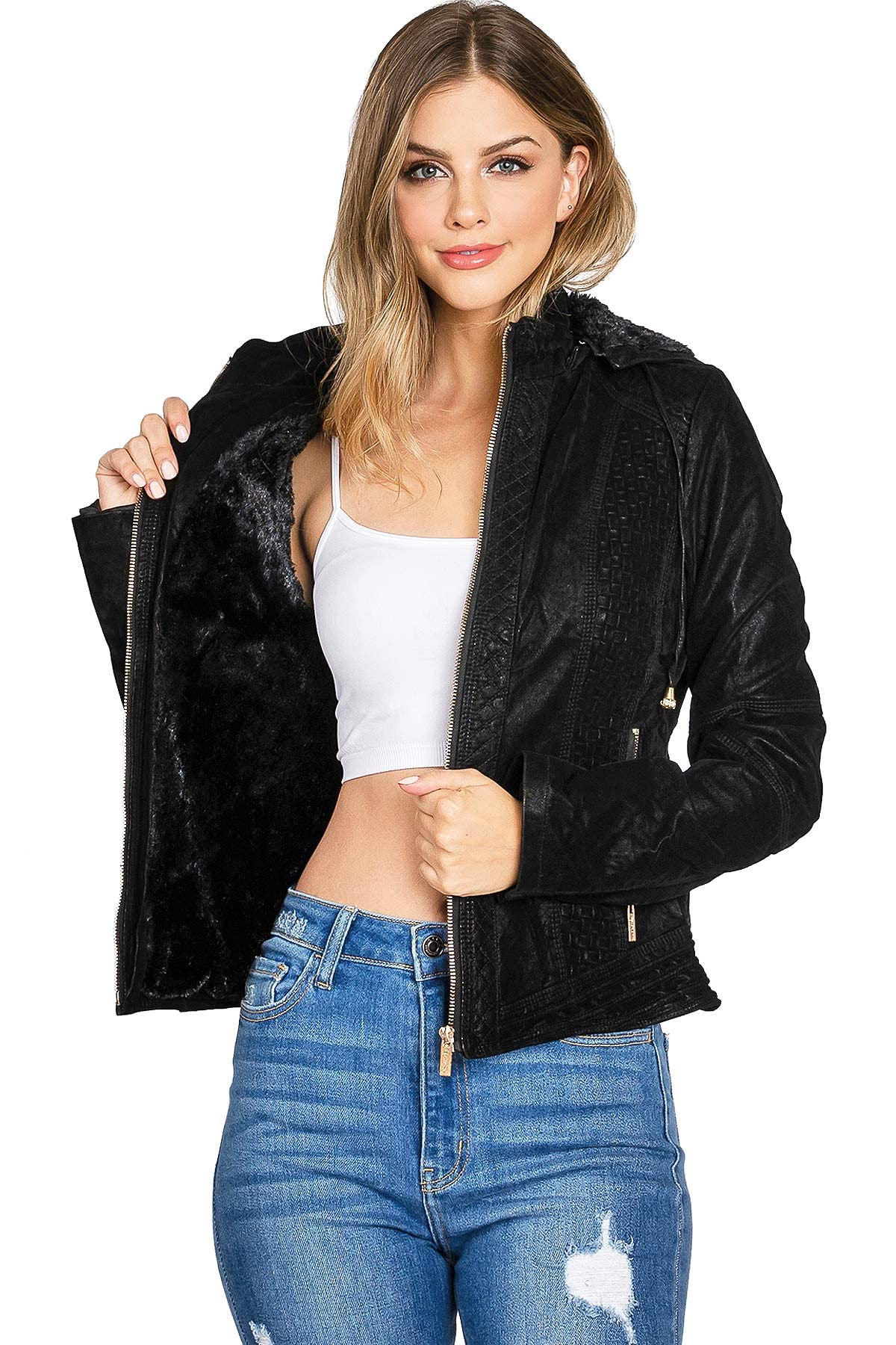 Palomares Women's Juniors Fitted Moto Hooded Faux Leather Jacket (Large, Black)