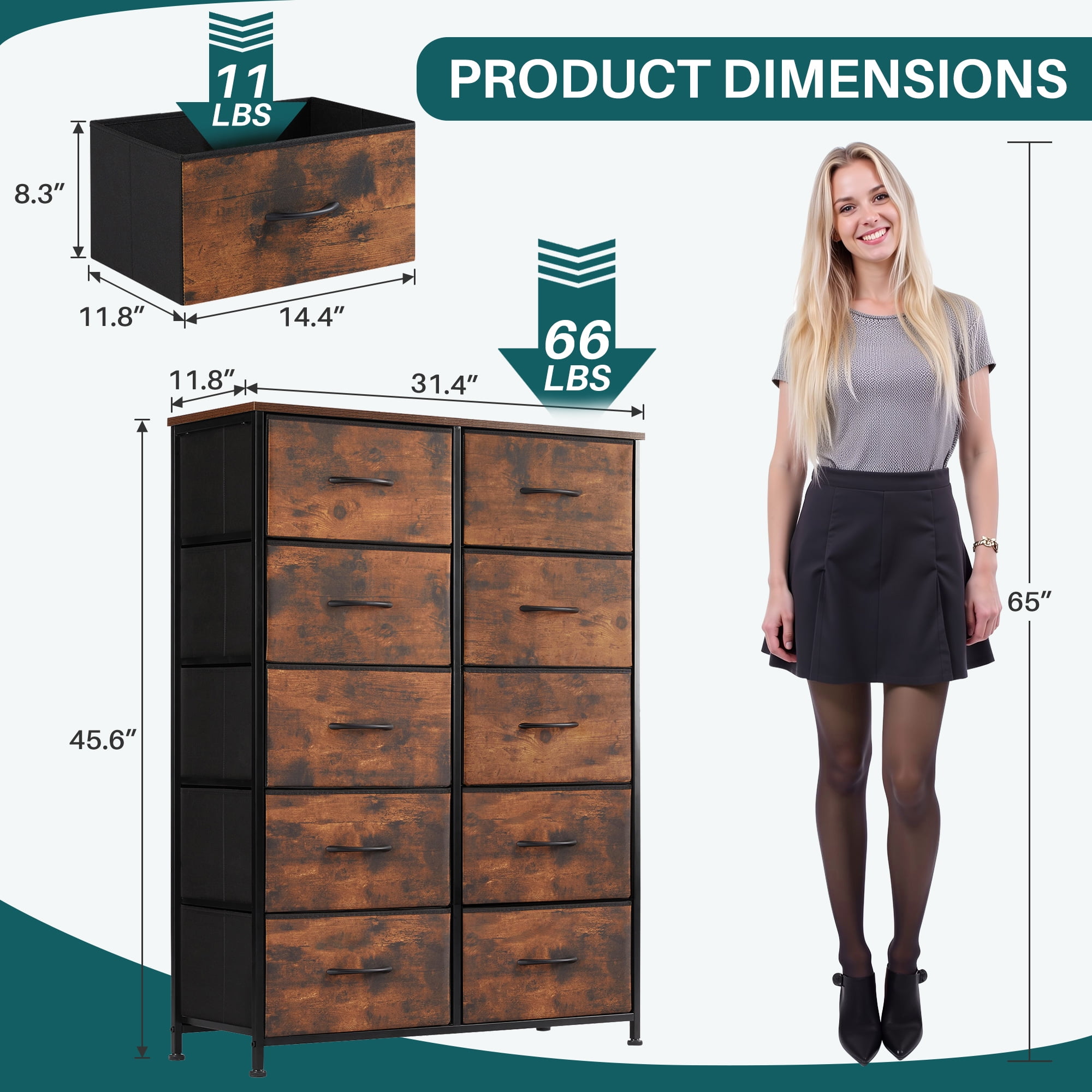 Nextay 10-Drawer Fabric Dresser for Bedroom, Storage Dresser Closet with Steel Frame & Wooden Top for Living Room, Entryway, Brown
